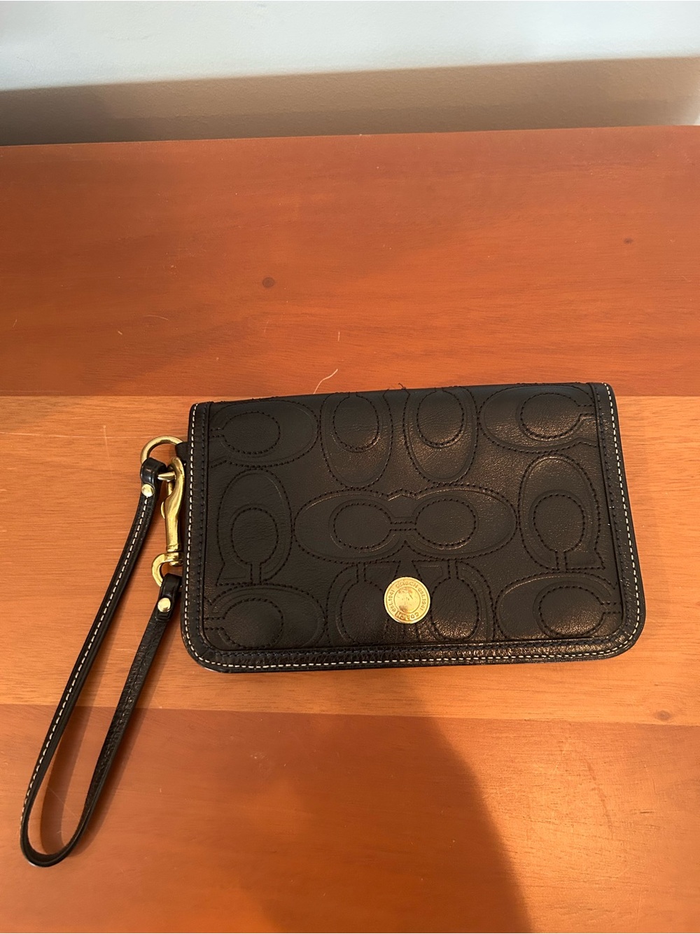 Vintage Coach Logo Embossed Leather Wristlet Black
